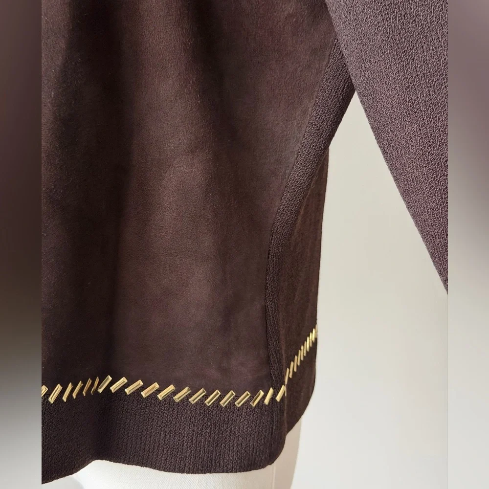 ✨St. John Collection Brown Suede Knit Jacket Gold Chain Trim Zipper Blazer - 10